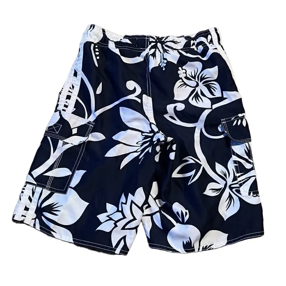 Old Navy Boys Large 10-12 Navy Blue & White Hibiscus Flowers Board Shorts Swim